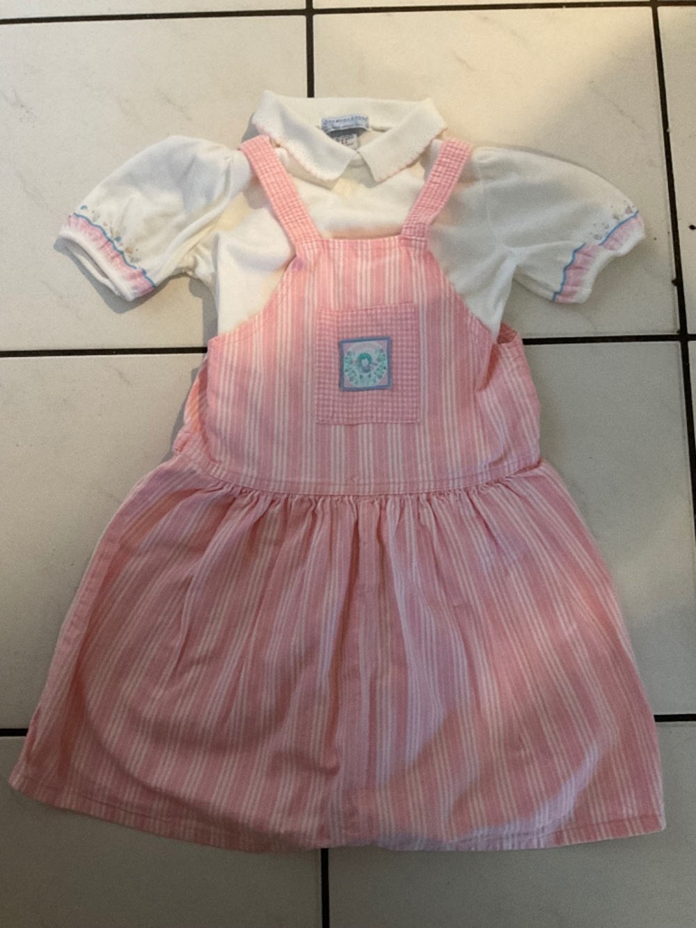 Vintage USA Oshkosh B'gosh 2PC Pink Gingham Striped Jumper Dress & Polo Shirt 6X
